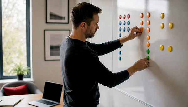 Hands arranging sales channel category tokens