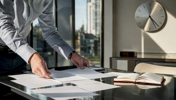 Hands holding tablet over sales data on desk