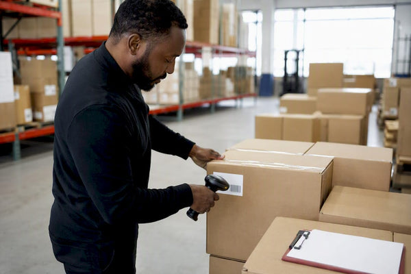Close-up of hands scanning shipment boxes
