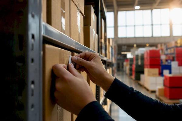 Hands scanning package in warehouse