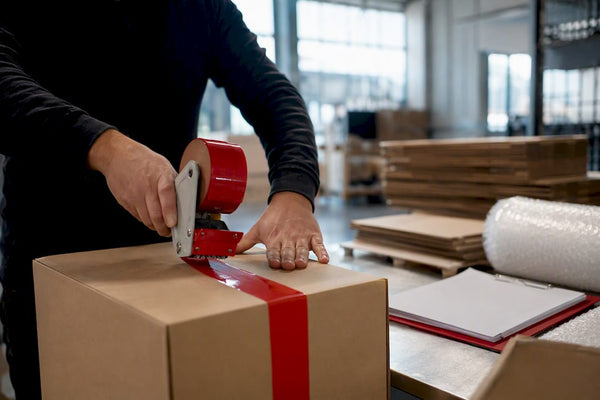 Hands scanning shipping label on box