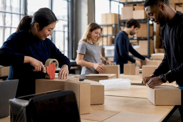 Hands packing boxes in a fulfillment warehouse