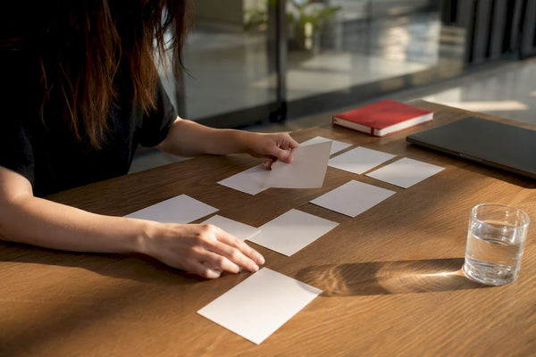 Hands adjusting marketing planning tools on table