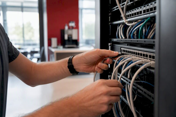 Hands plugging cables into network switch