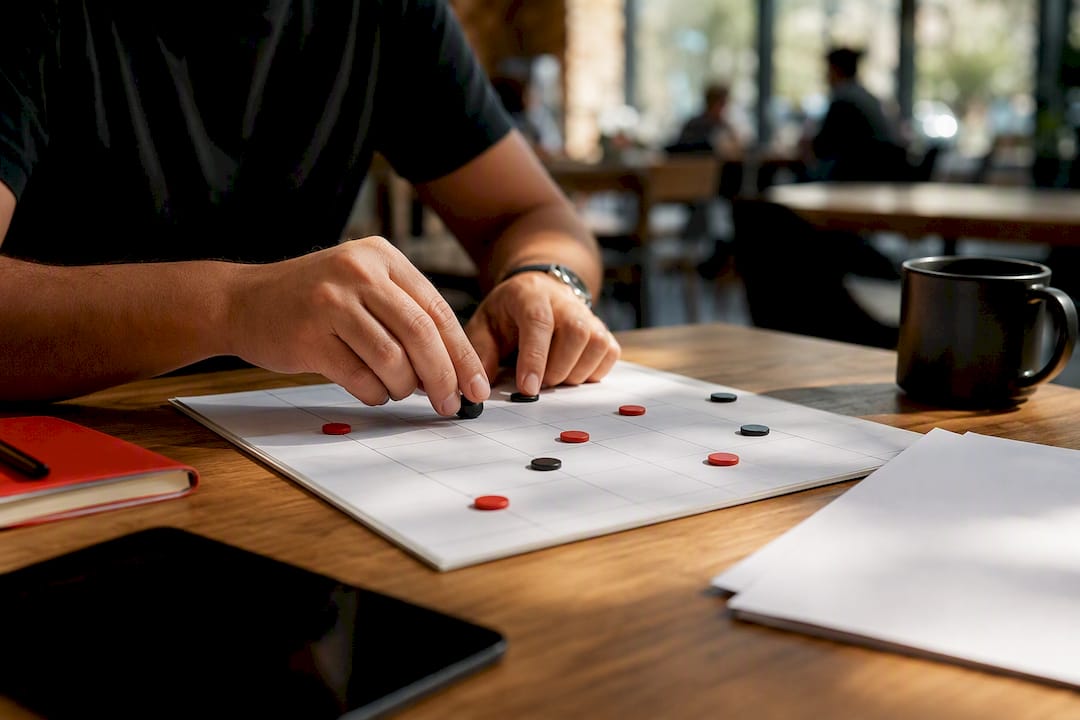 Hands organizing marketing strategy tools on desk