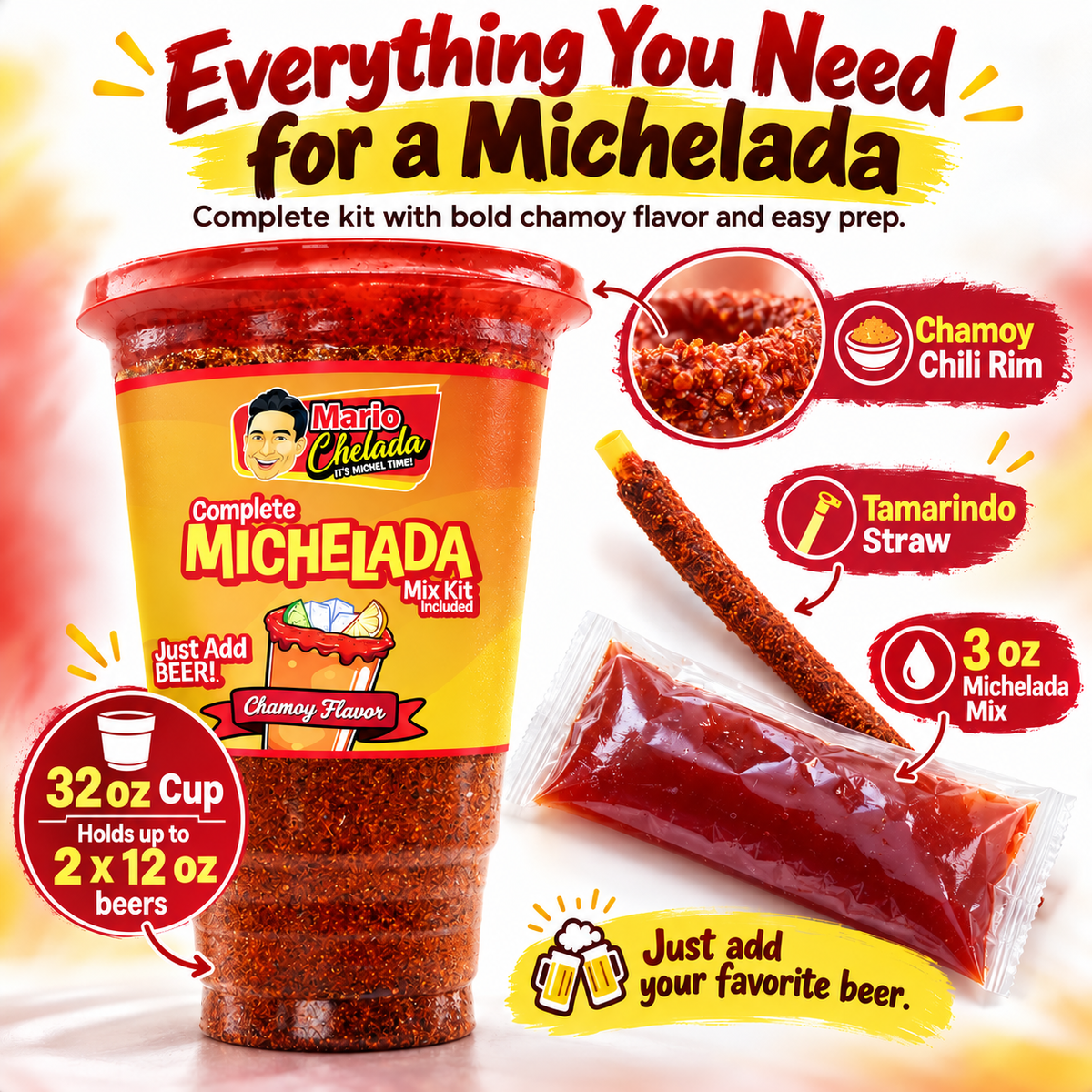 Mario Chelada Complete Michelada Mix Kit, Chamoy Flavor, 32 oz Cup