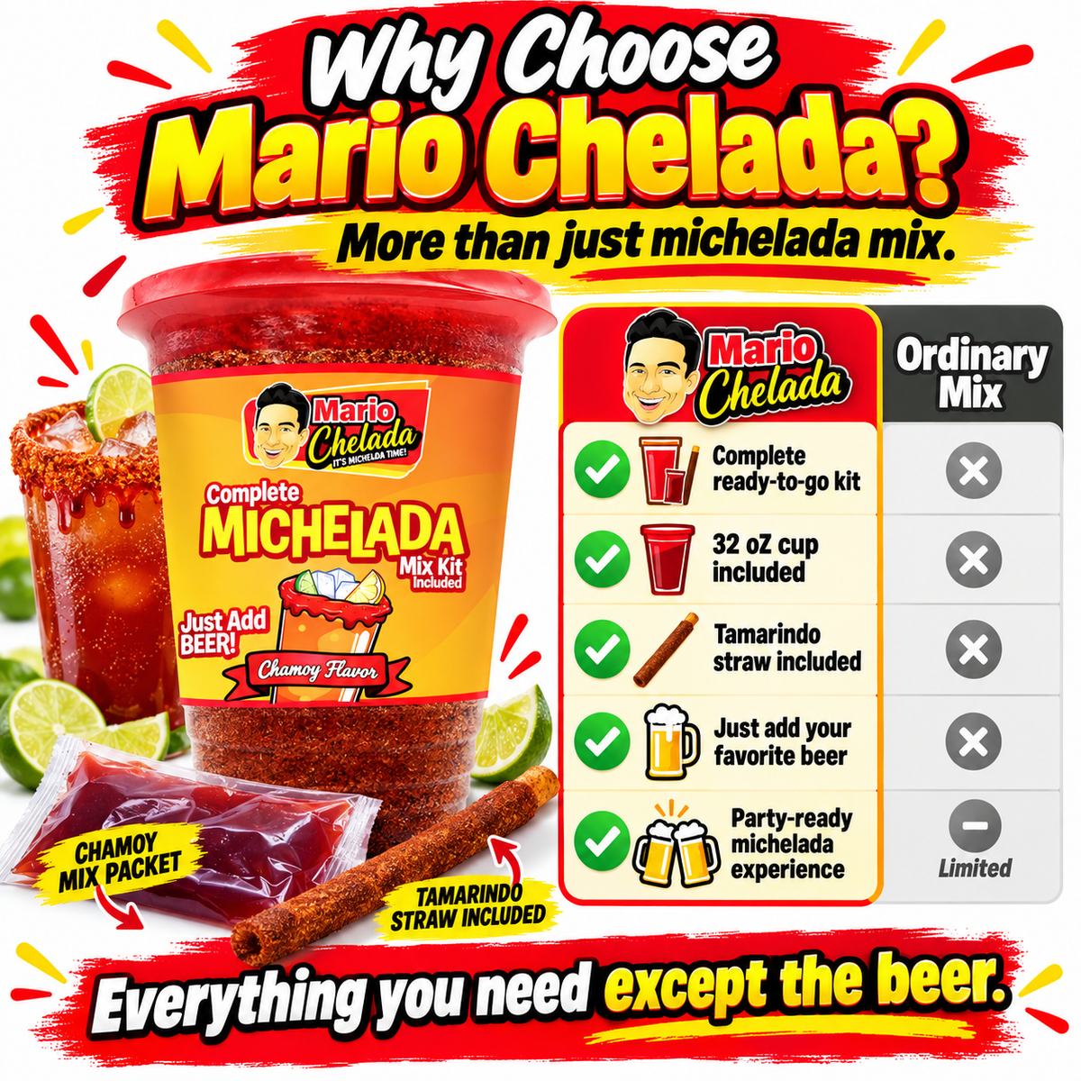 Mario Chelada Complete Michelada Mix Kit, Chamoy Flavor, 32 oz Cup