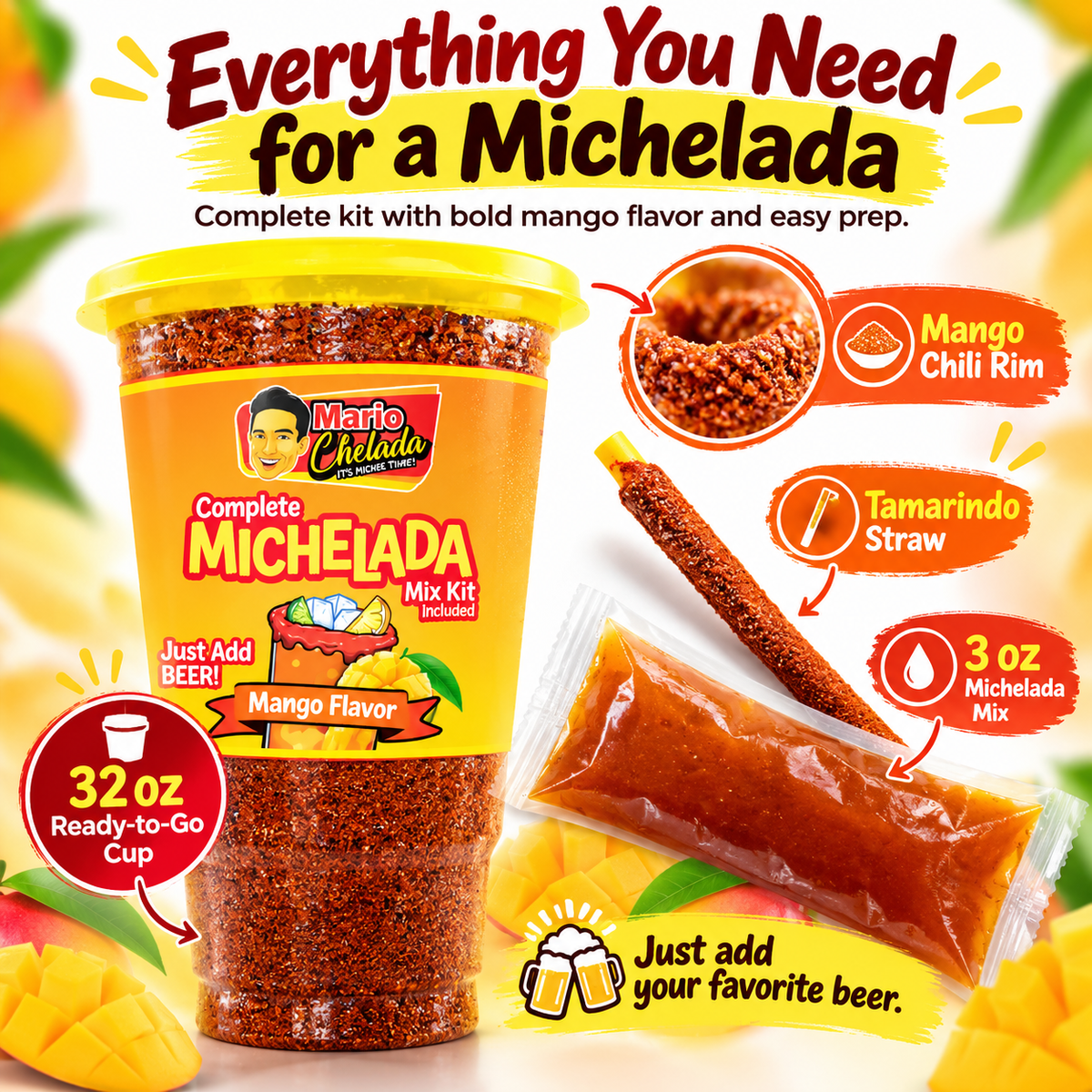Mario Chelada Complete Michelada Mix Kit, Mango Flavor, 32 oz Cup