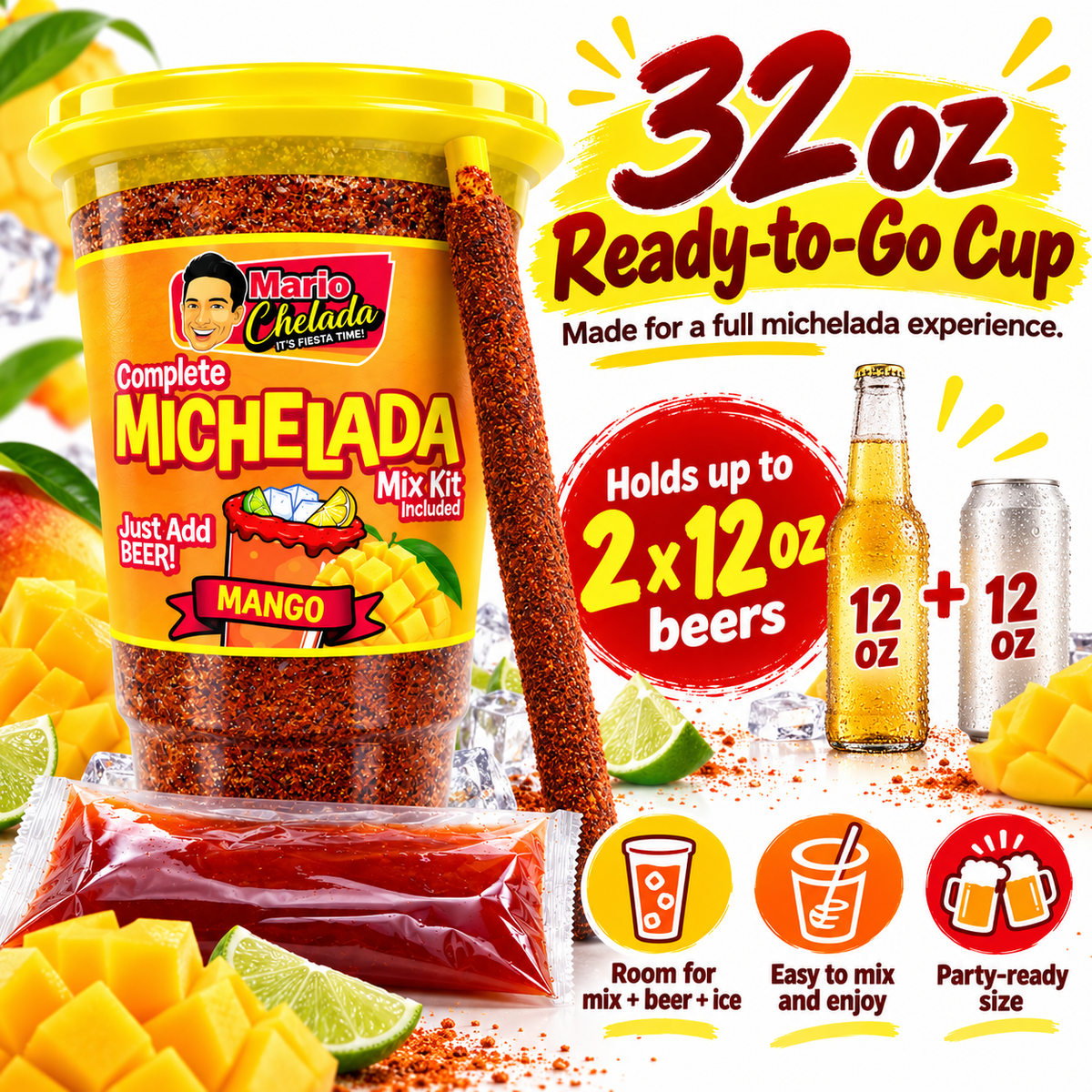 Mario Chelada Complete Michelada Mix Kit, Mango Flavor, 32 oz Cup