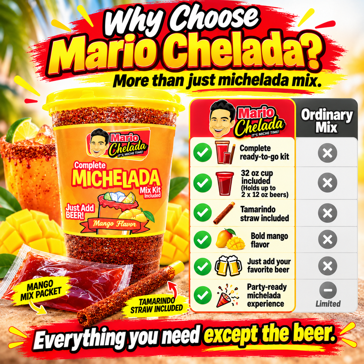 Mario Chelada Complete Michelada Mix Kit, Mango Flavor, 32 oz Cup