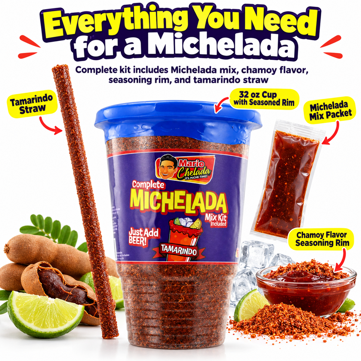 Mario Chelada Complete Michelada Mix Kit, Tamarindo Flavor, 32 oz Cup