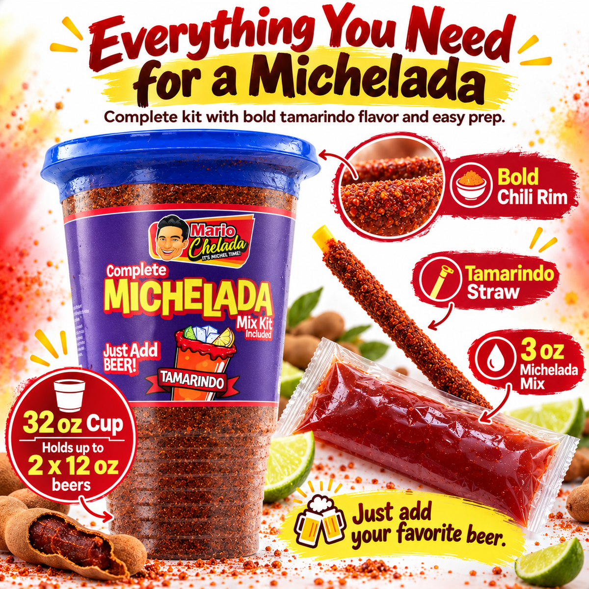 Mario Chelada Complete Michelada Mix Kit, Tamarindo Flavor, 32 oz Cup
