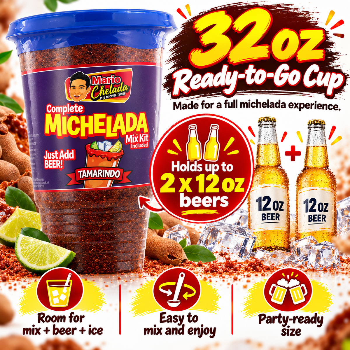 Mario Chelada Complete Michelada Mix Kit, Tamarindo Flavor, 32 oz Cup