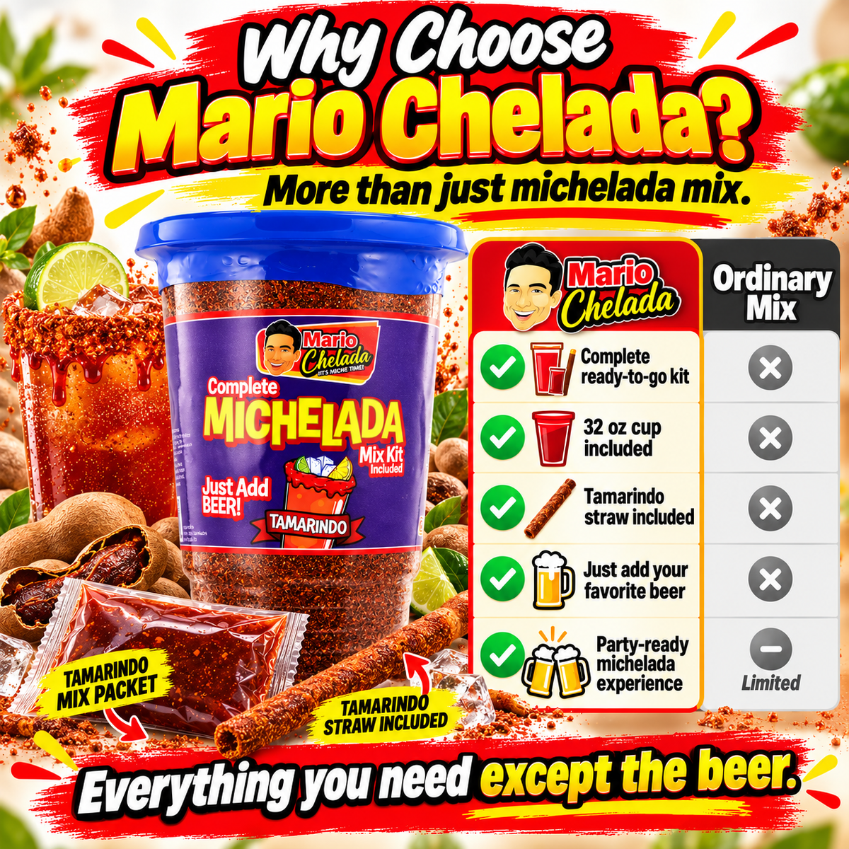 Mario Chelada Complete Michelada Mix Kit, Tamarindo Flavor, 32 oz Cup