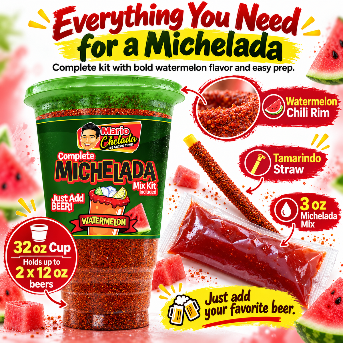 Mario Chelada Complete Michelada Mix Kit, Watermelon Flavor, 32 oz Cup