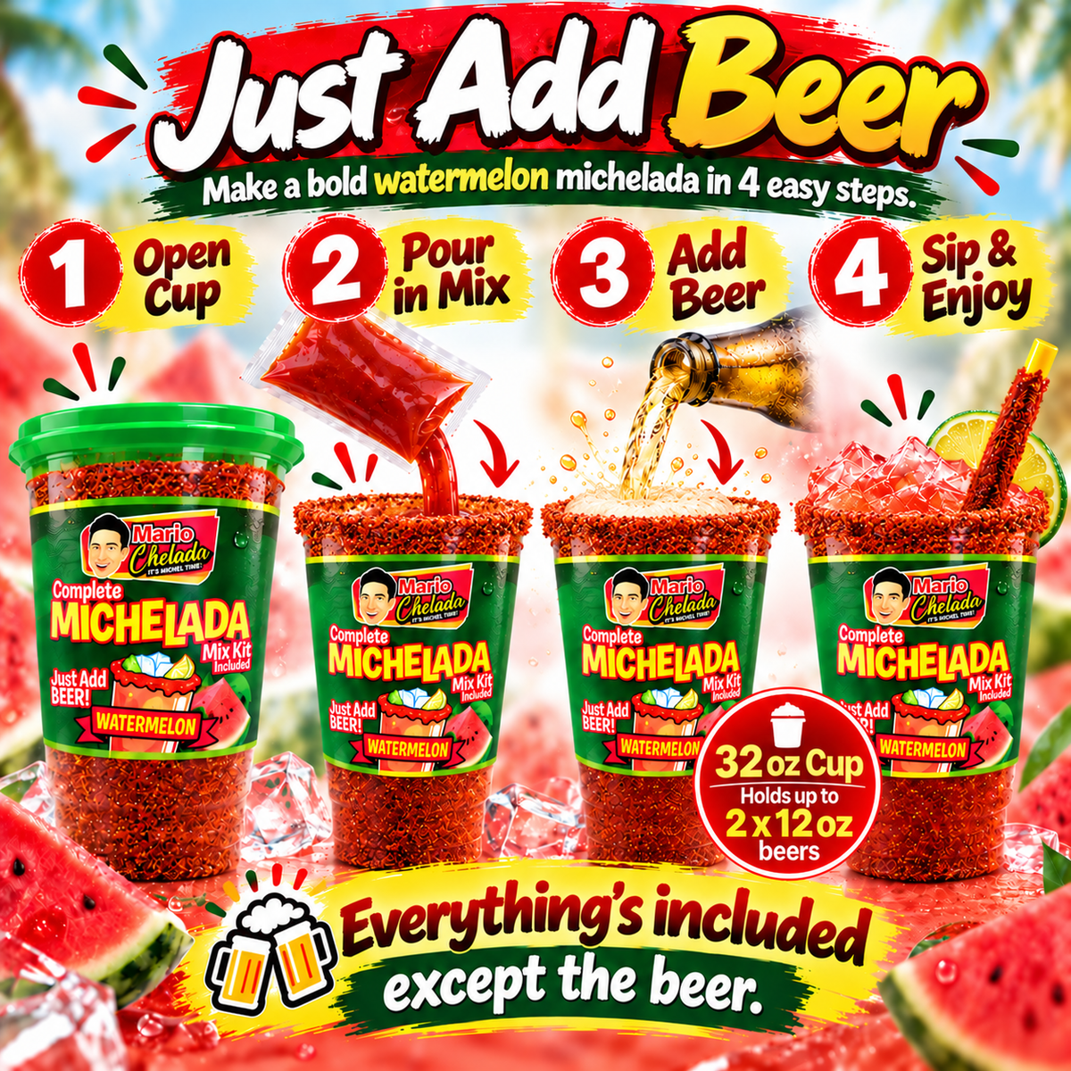 Mario Chelada Complete Michelada Mix Kit, Watermelon Flavor, 32 oz Cup