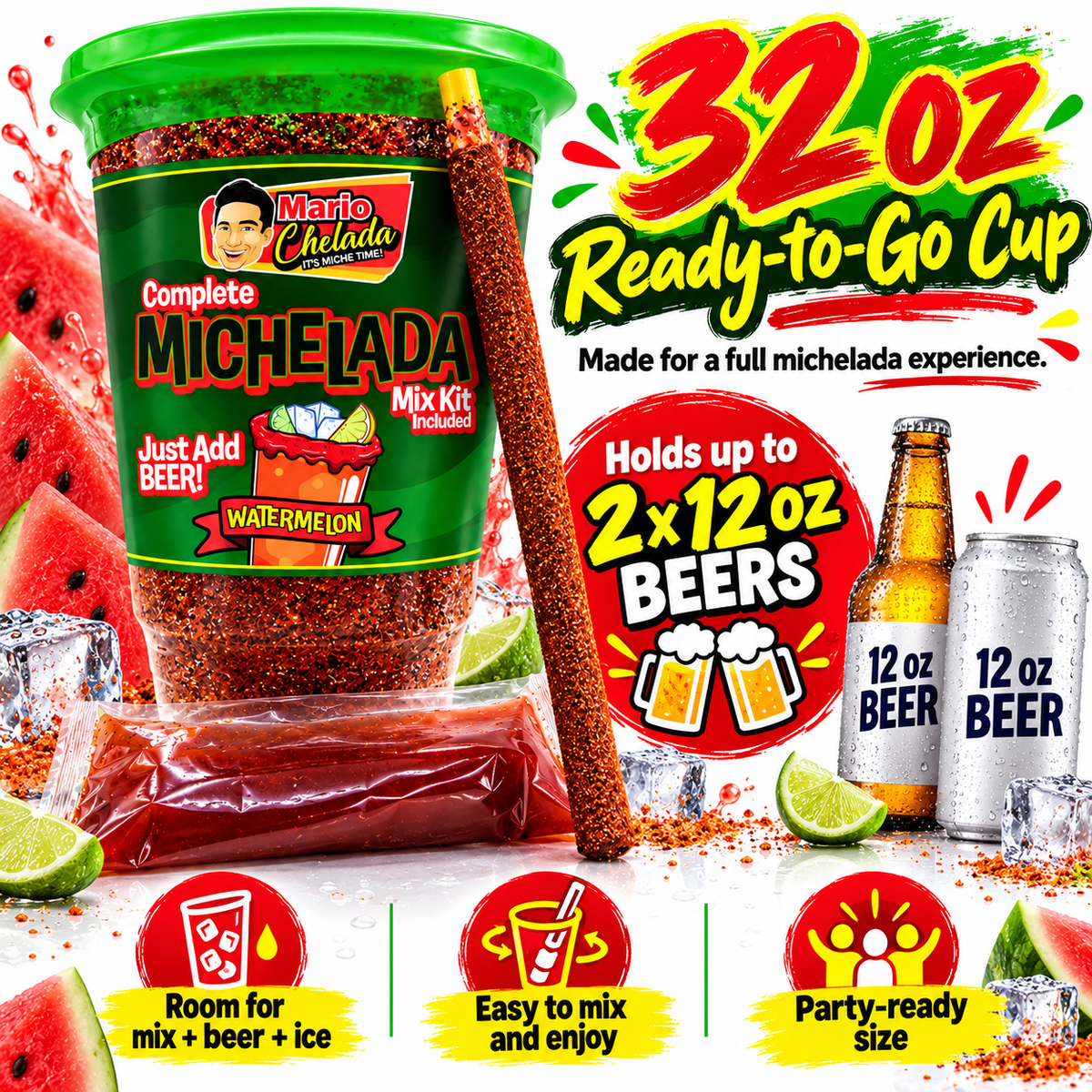 Mario Chelada Complete Michelada Mix Kit, Watermelon Flavor, 32 oz Cup