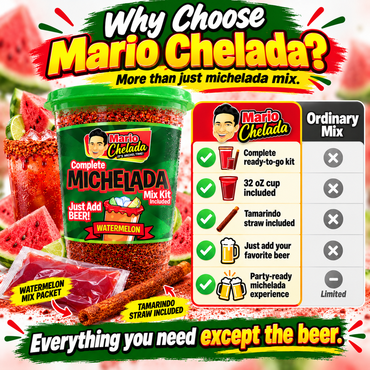 Mario Chelada Complete Michelada Mix Kit, Watermelon Flavor, 32 oz Cup